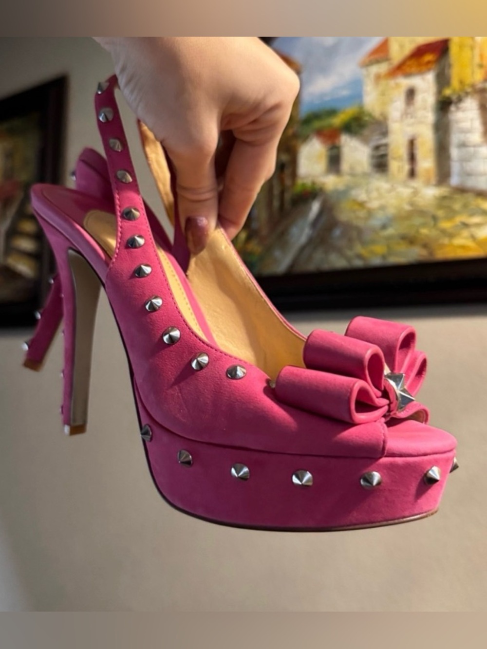 Gianni Bini Stud Hot Pink Stiletto Heels Pumps Peep Toe Bows 7